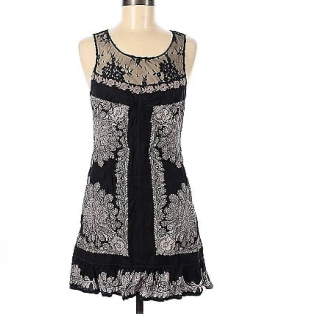 Free People Peacock Shift Mini Dress 8 Linen Lace Ruffle Embroidered Boho Floral - Picture 4 of 16